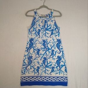 Blue & White Seahorse Print Coastal Country Club Sleeveless Mini Dress LG